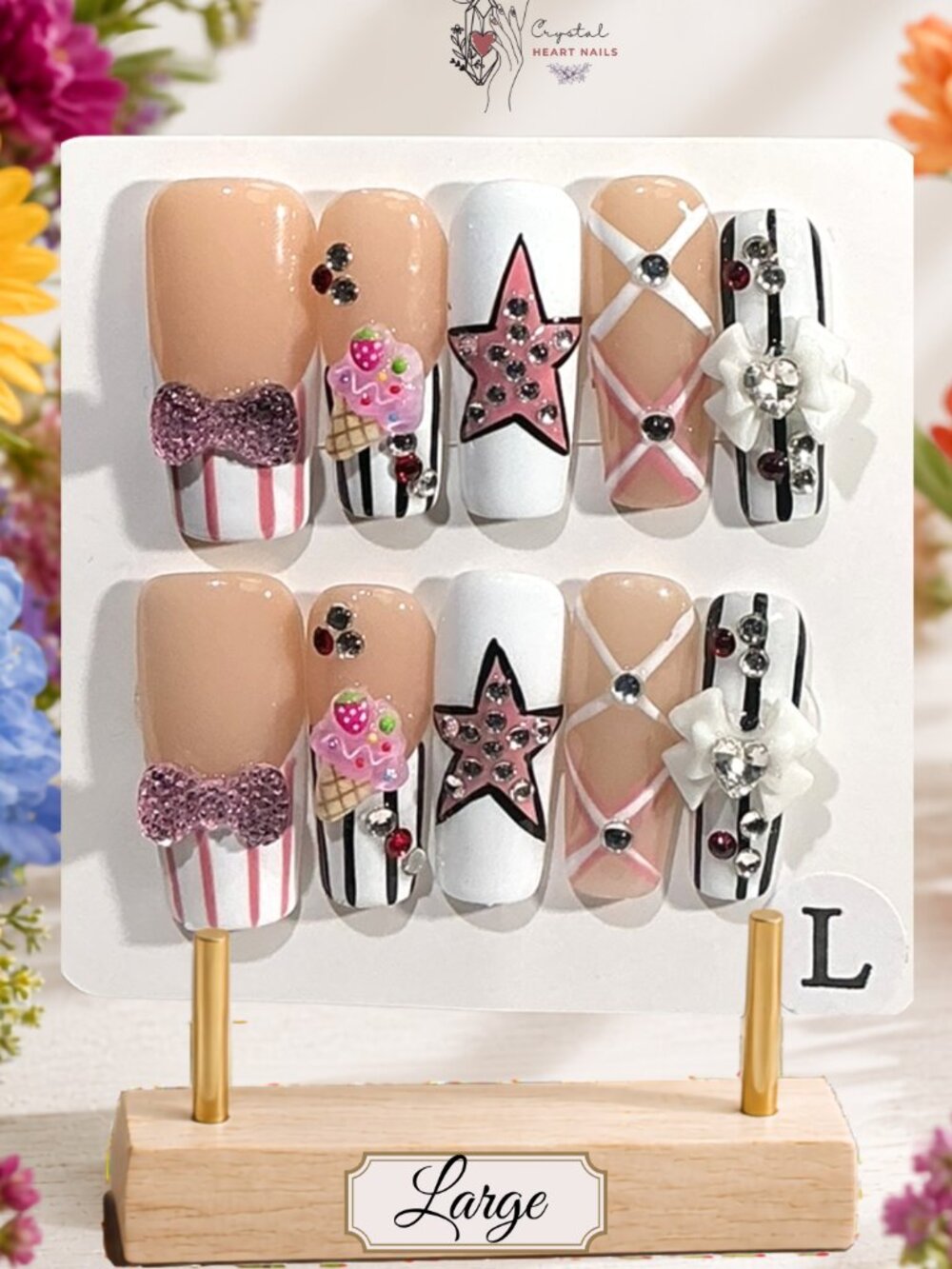 Ice Cream Press On Nails | Pink Bow Nails | Rhinestone Star Nails | 3D Cute Nail